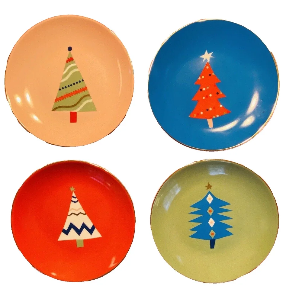 Rare PIER 1 Christmas Tree Plate Set (4) Colorful Holiday Appetizer Canape 6”